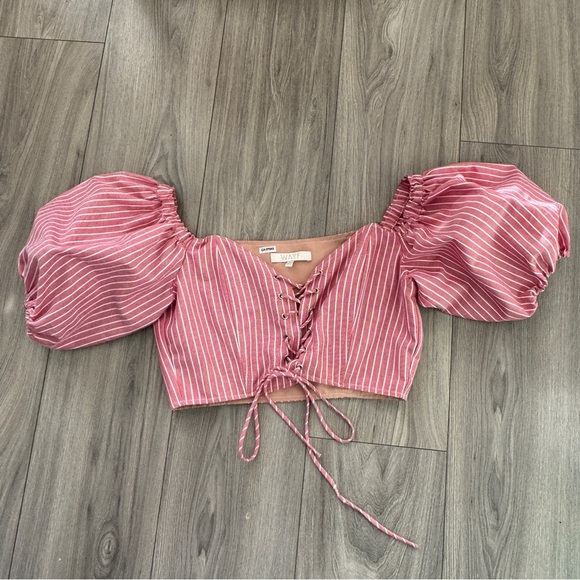 WAYF Red Pinstriped Puff Sleeve Tie Up Corset Crop Top M - Picture 1 of 7